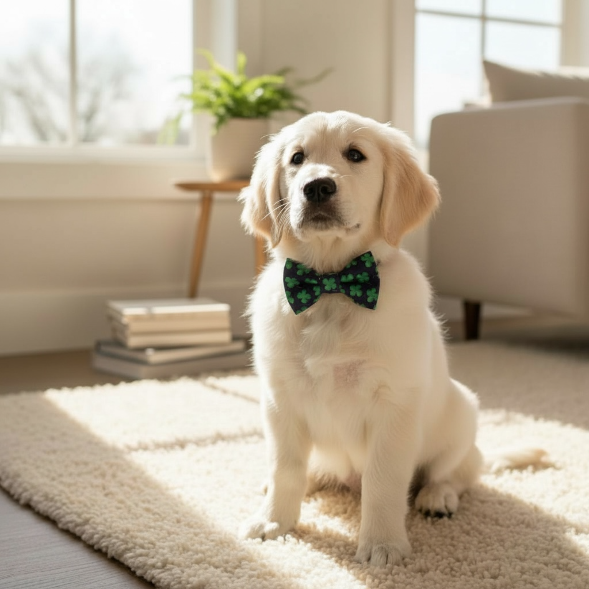 White dog wearing a green clover dog bow tie sitting on a carpet in a bright living room.