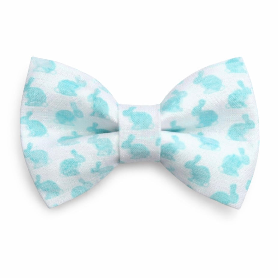 Bow tie for toddlers and men with light blue bunnies pattern on a white background for Easter
