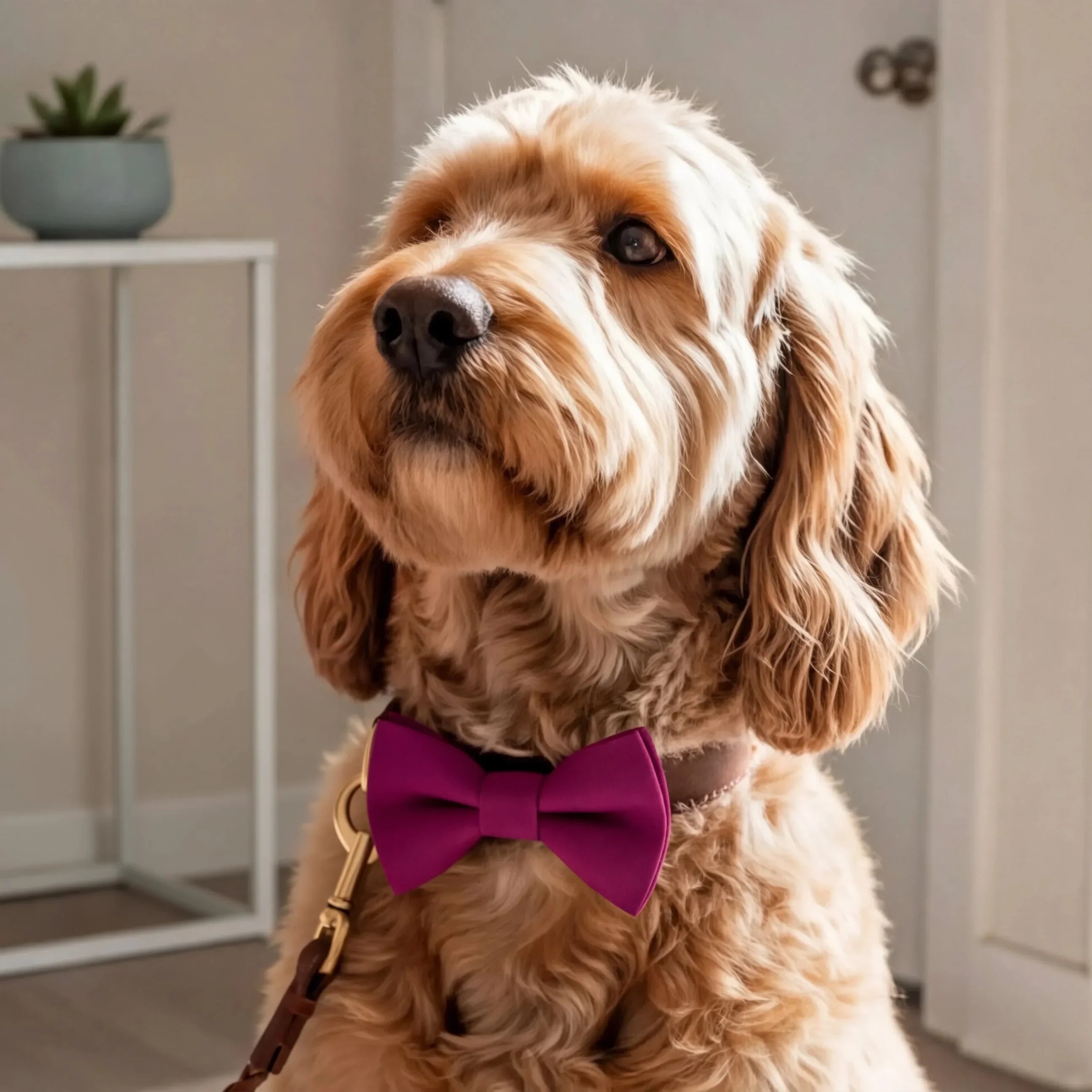 A golden retriever wearing a pink bow tie is being fitted with a leash by a person's hands.