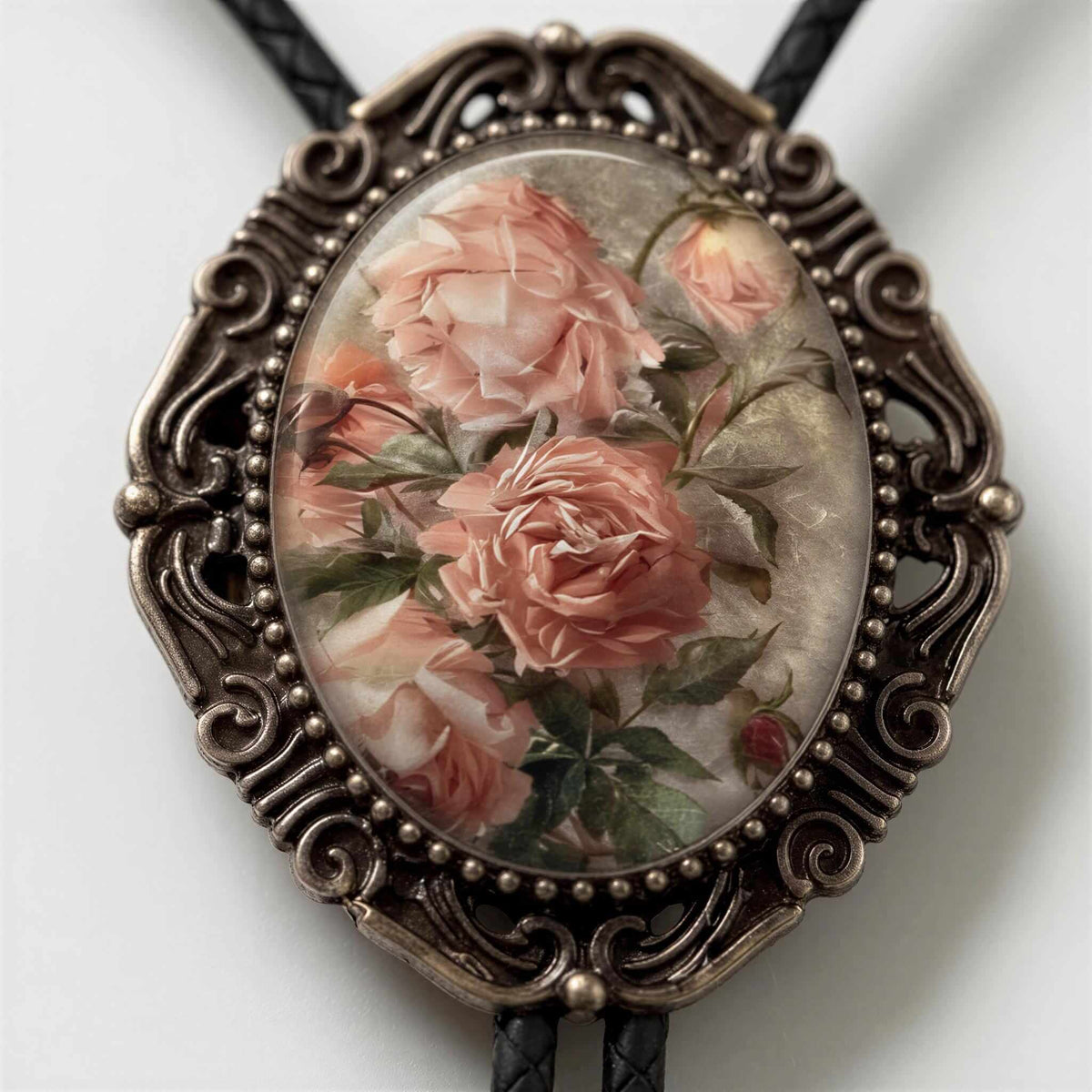 Handmade bolo tie with flowers.