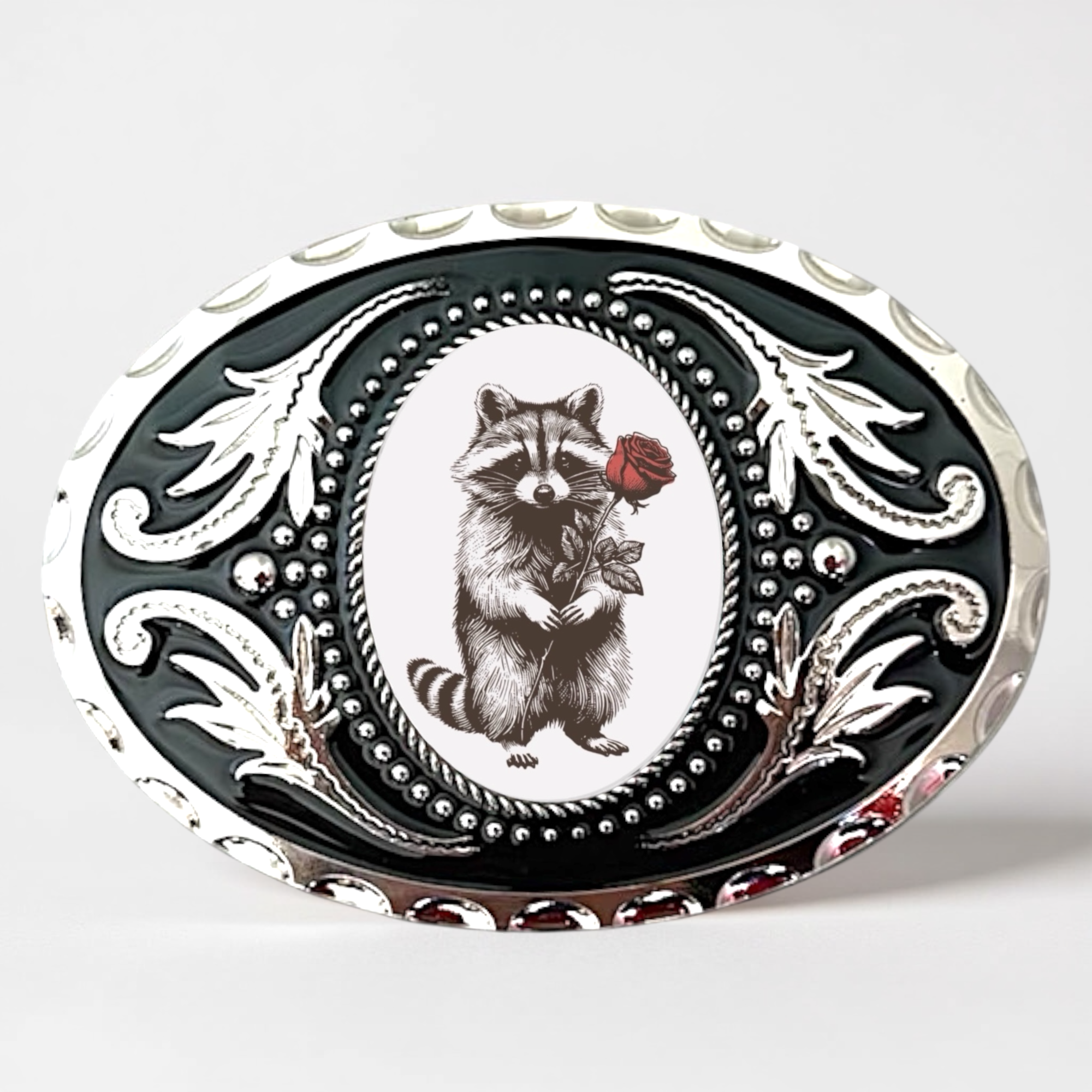 Valentine Raccoon Belt Buckle with Hearts, Valentine Western Accessory