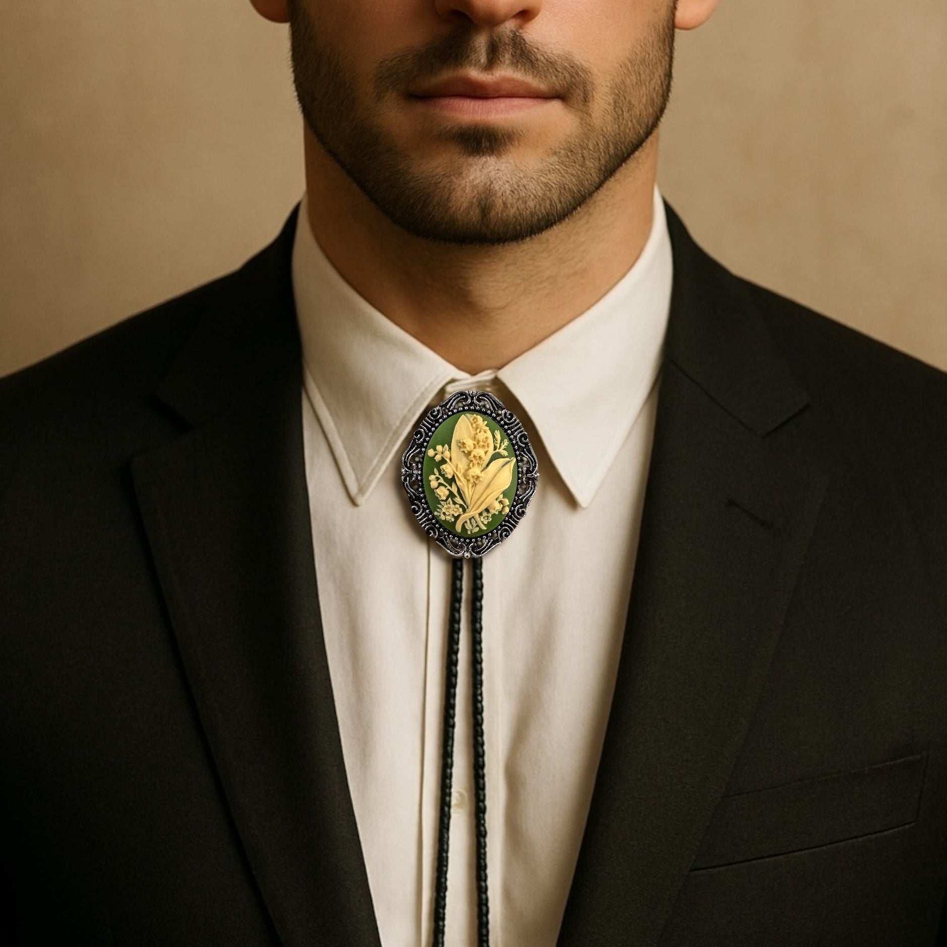 Silver Lily of the Valley Bolo Tie Being worn by a man