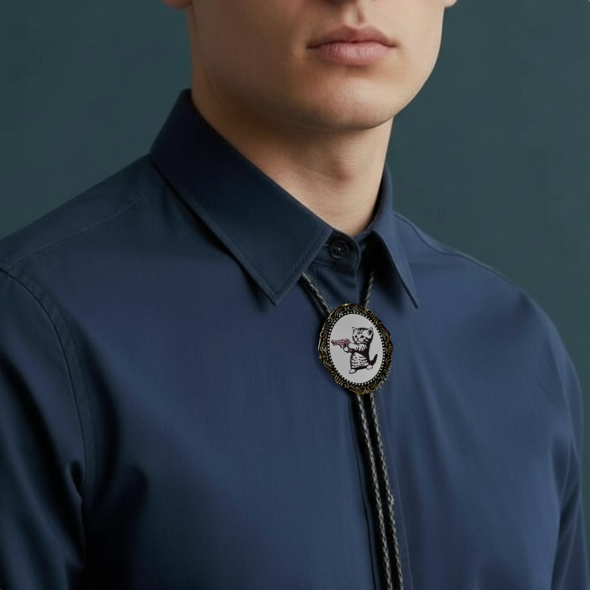Man wearing a blue shirt with a decorative cat bolo tie against a dark background