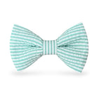 Aqua and white striped seersucker pre-tied bow tie for summer weddings.