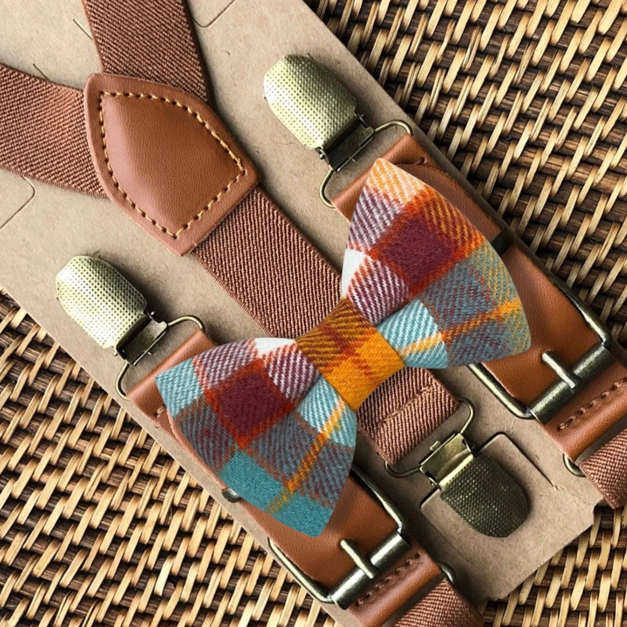 Plaid Bow Tie in Orange and Blue & Cognac Suspenders Set
