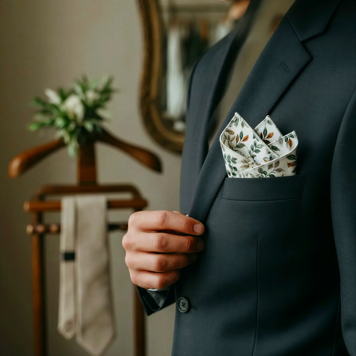 A man in a dark suit is holding a pocket square with a floral pattern, standing in front of a wooden hanger with a tie.