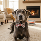 Dog wearing a Valentine’s Day dog bow tie in a cozy living room with a fireplace.