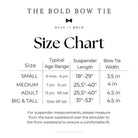 Size chart for suspender and bow tie sets from The Bold Bow Tie. Small (6mo-6yr): 18"-29" suspenders, 3.5" bow. Medium (7-12yr): 25.5"-40" suspenders, 4" bow. Adult (13yr-6ft tall): 25.5"-40" suspenders, 4.5" bow. Big & Tall (Over 6ft tall): 31"-53" suspenders, 4.5" bow. Instructions note to measure from the back waistband over the shoulder to the front waistband for a comfortable fit.