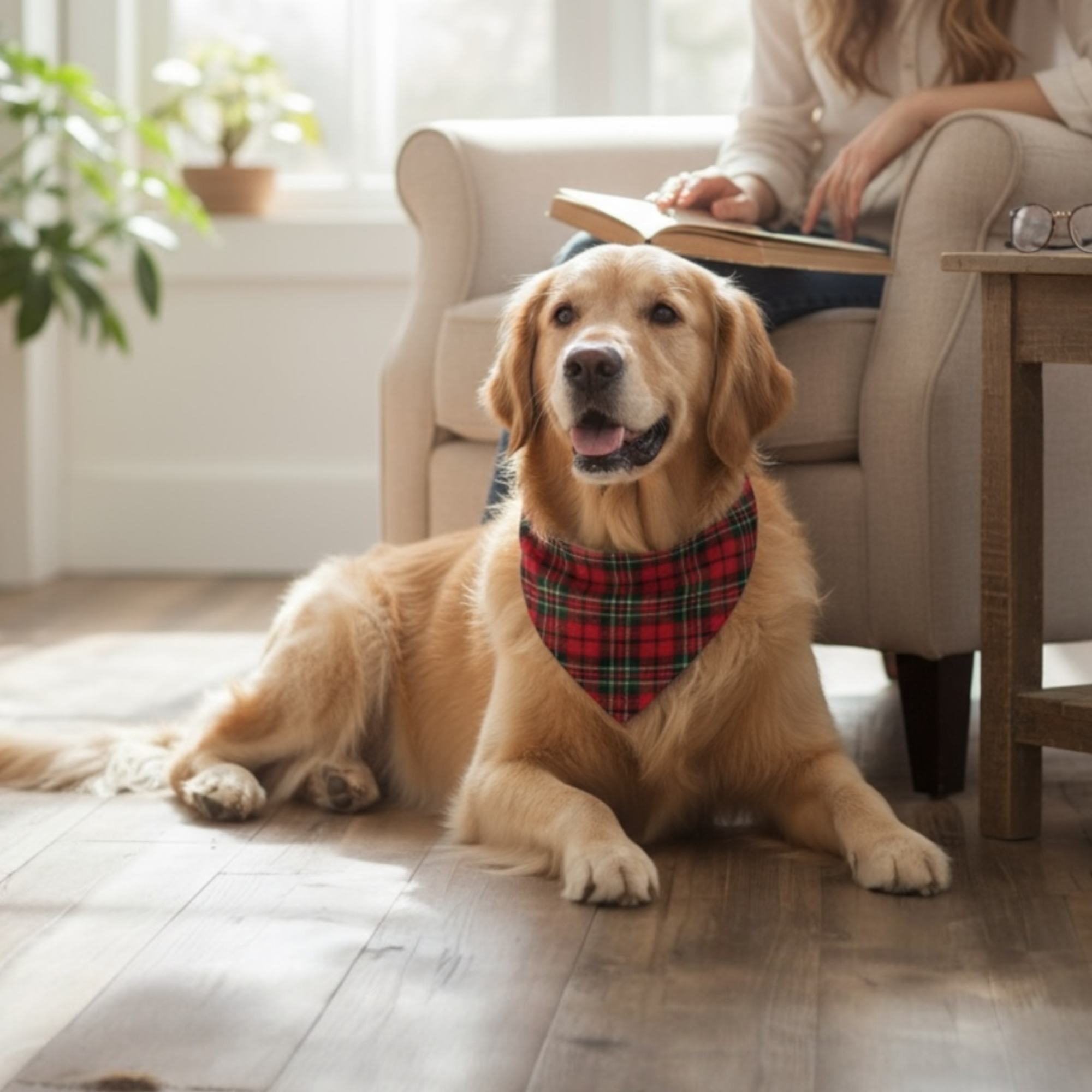 Golden retriever on a Christmas dog bandana in red plaid.