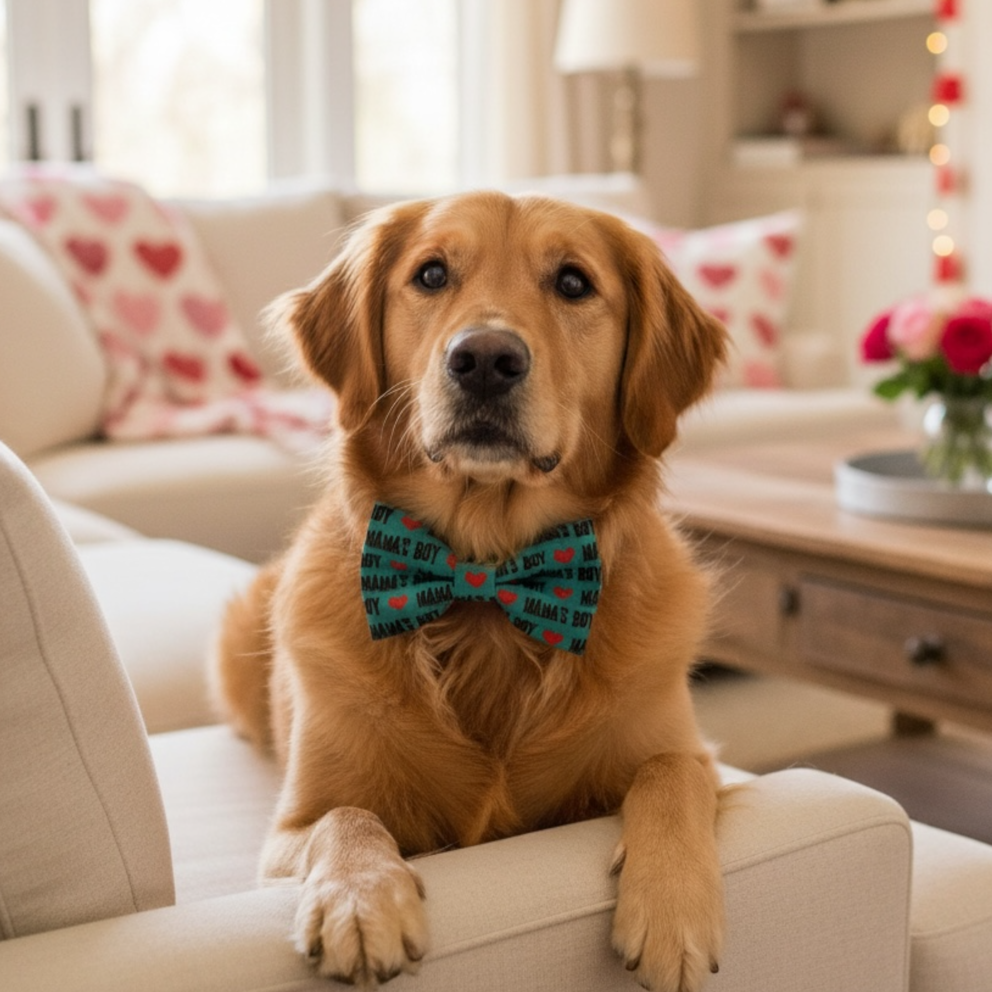 Dog wearing a colorful Mamas Boy Valentine’s Day dog bow tie sitting on a couch in a living room.