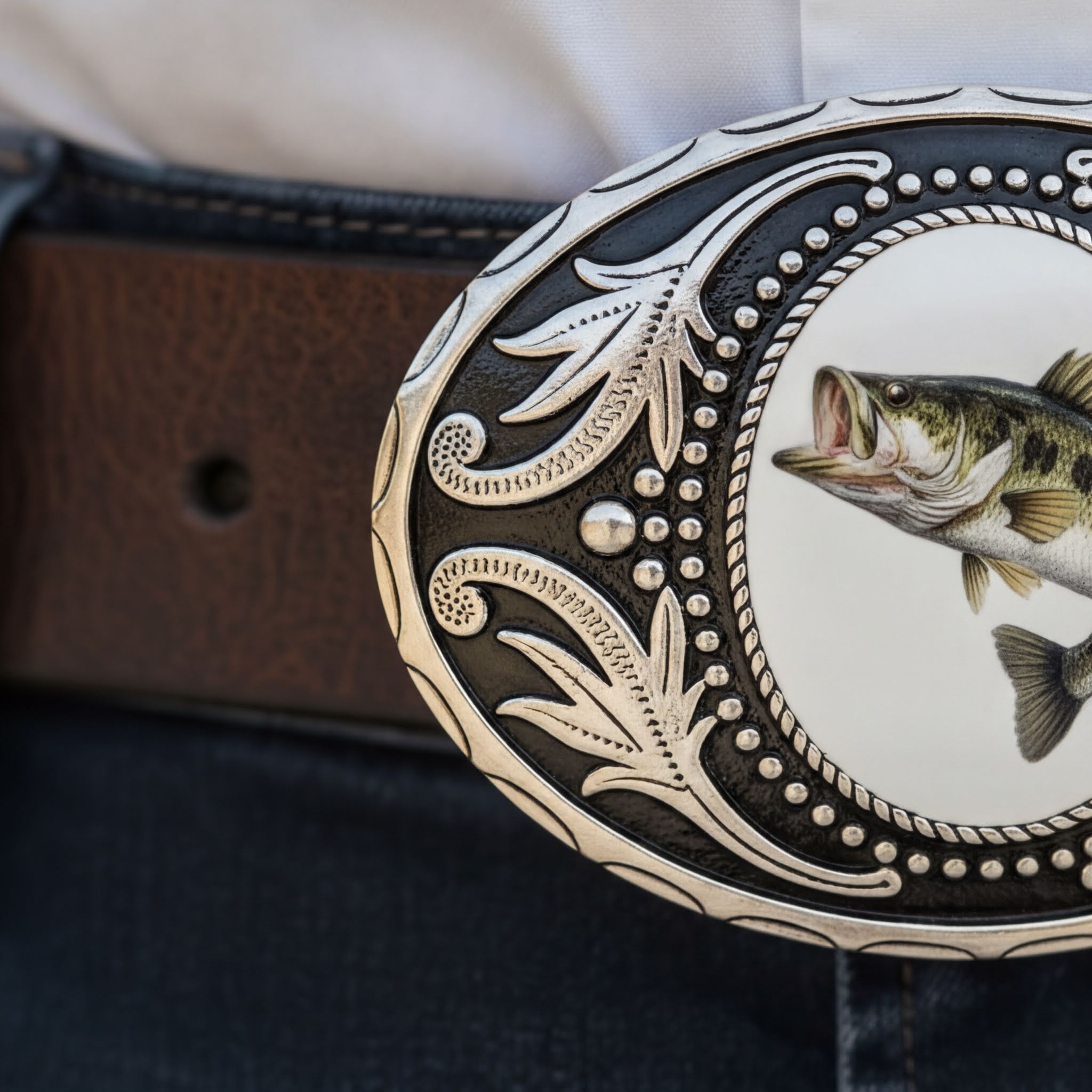 A close-up of a decorative metal belt buckle featuring a fish image.