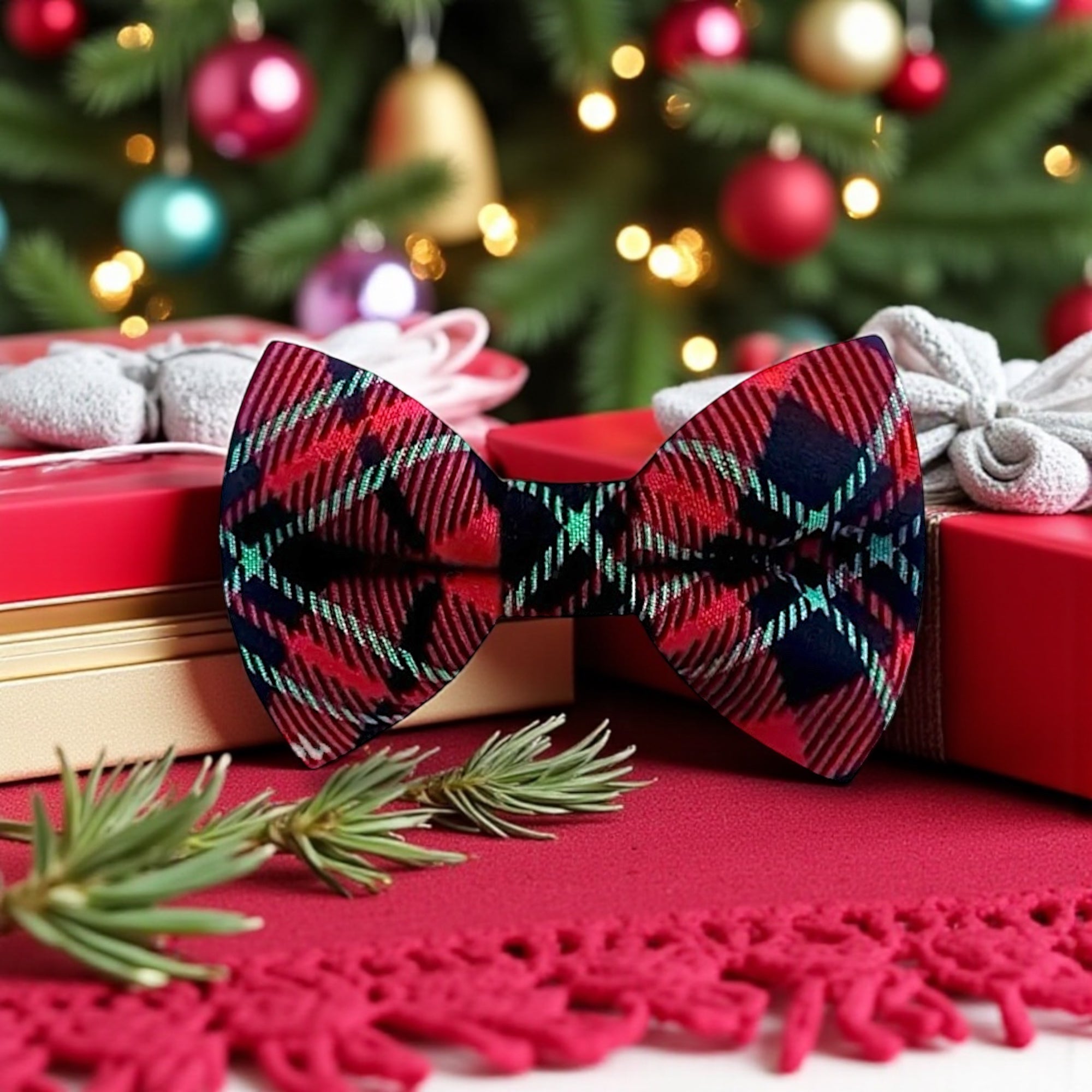Christmas Hair Bow Tie- Red & Green Plaid, surrounded by Christmas presents and garland.