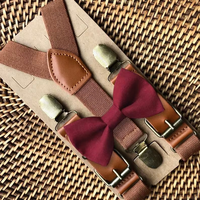 Burgundy Bow Tie & Cognac Brown Suspenders Set for wedding, ring bearer or groomsmen.
