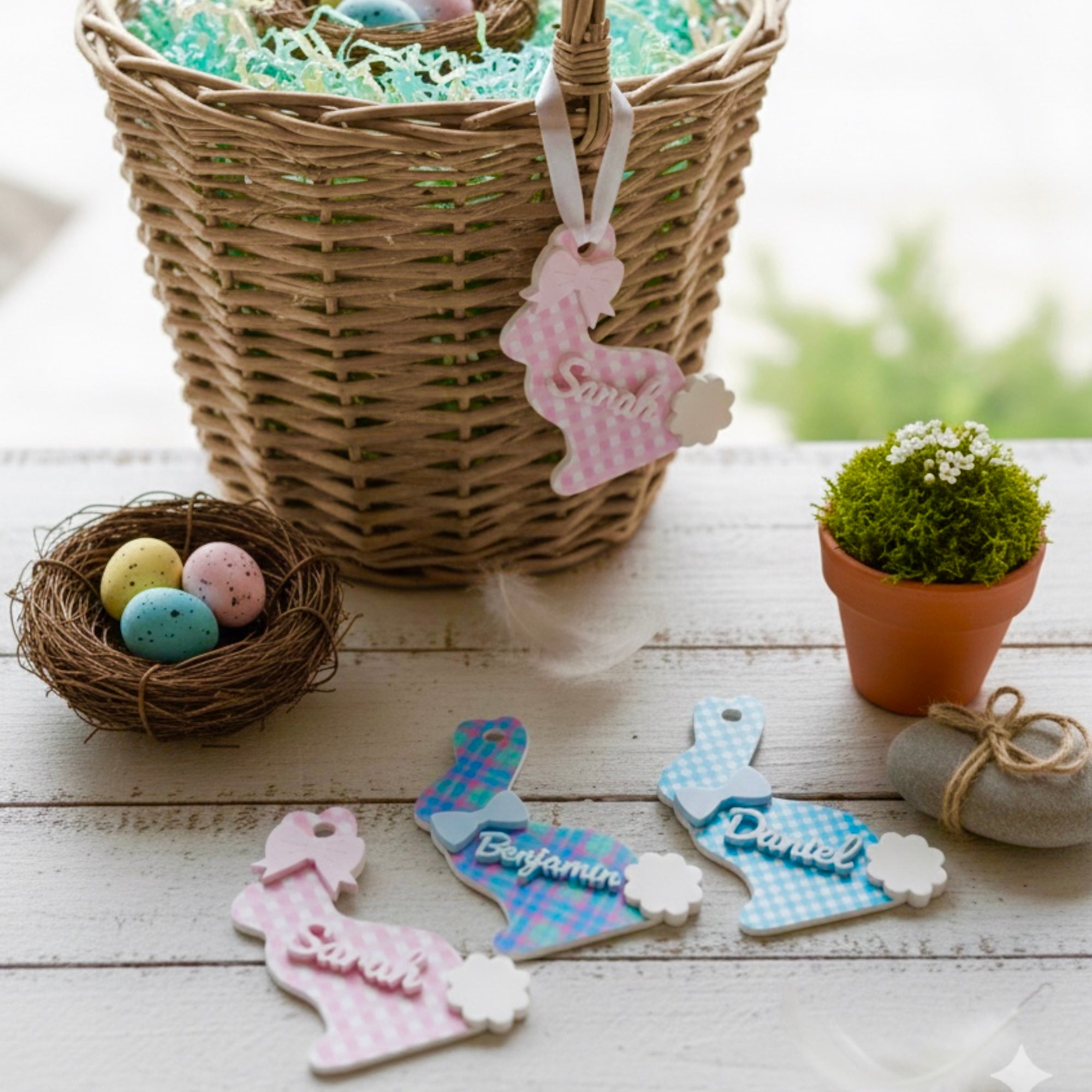 Decorative Easter name tags with pastel colors on a wooden surface with a basket and nest.