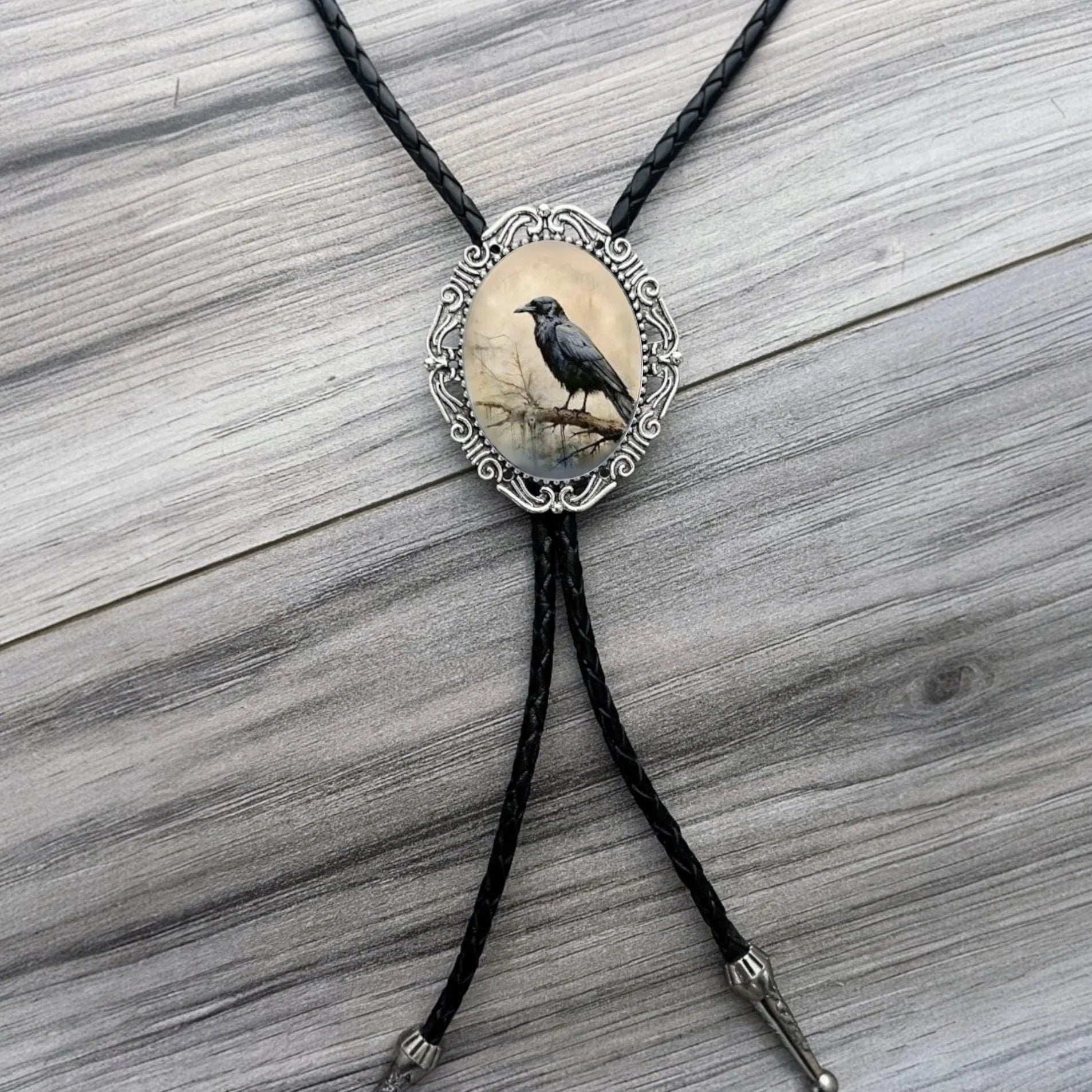 Raven Bolo Tie for Cowboy Genuine Leather Western- Black & Grey