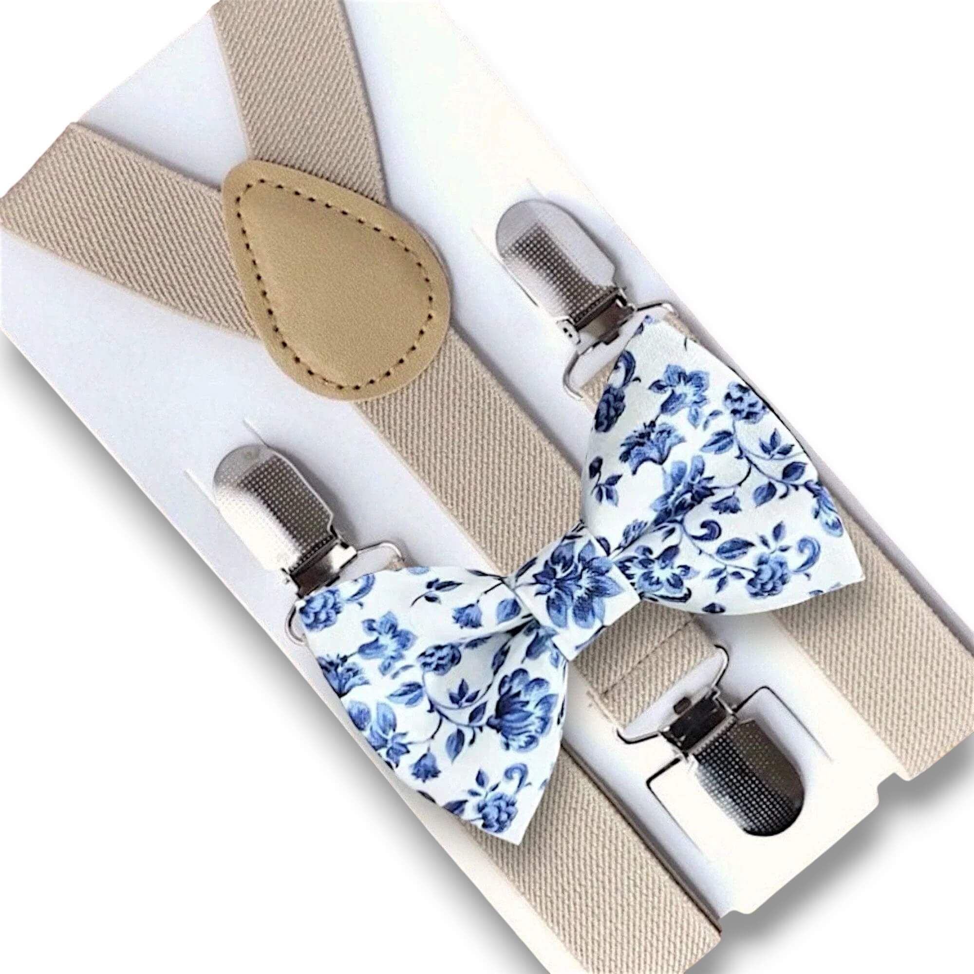Dusty blue floral bow tie and suspenders for men, boys and toddlers.