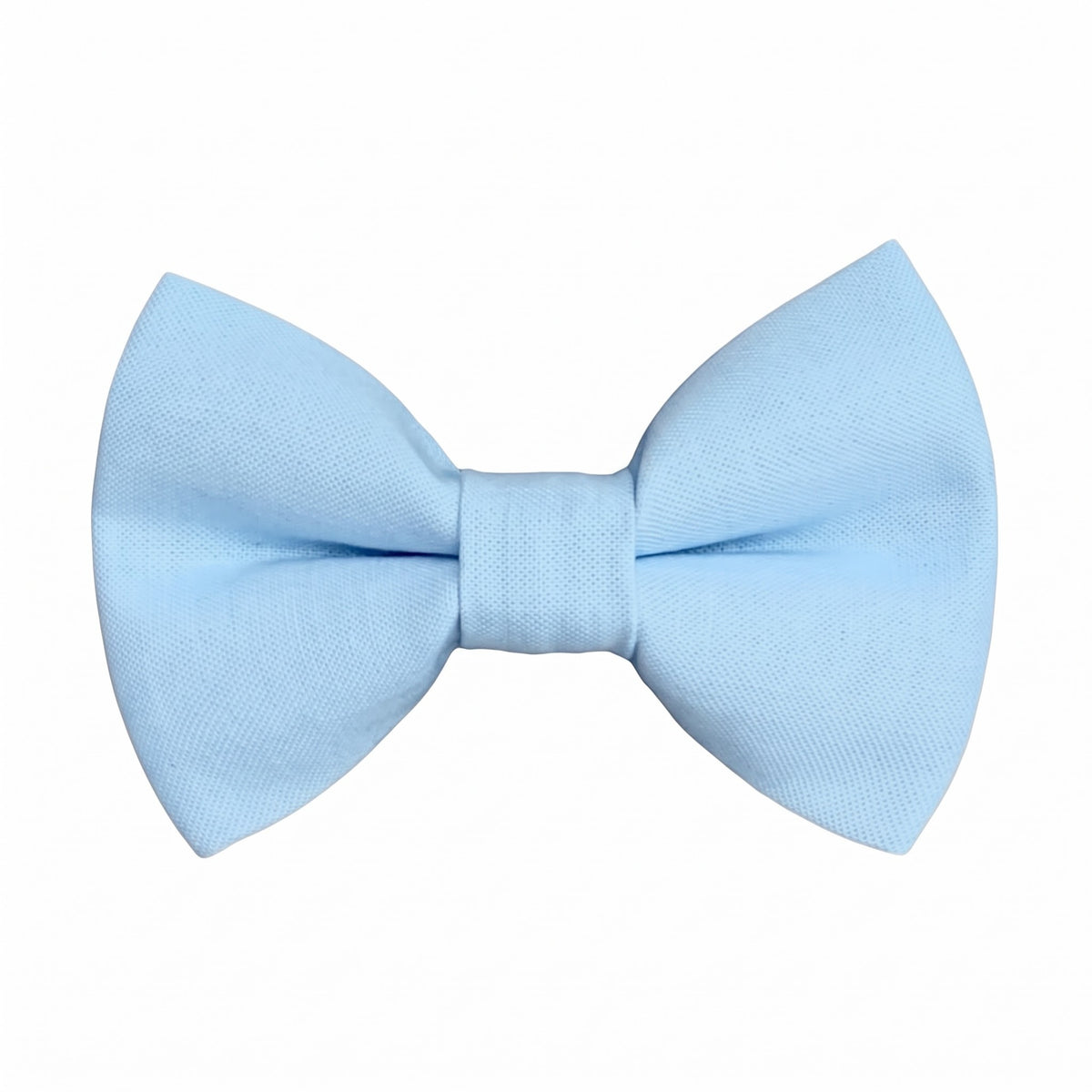 A light blue pre-tied bow tie with a subtle textured fabric, centered on a solid white background.