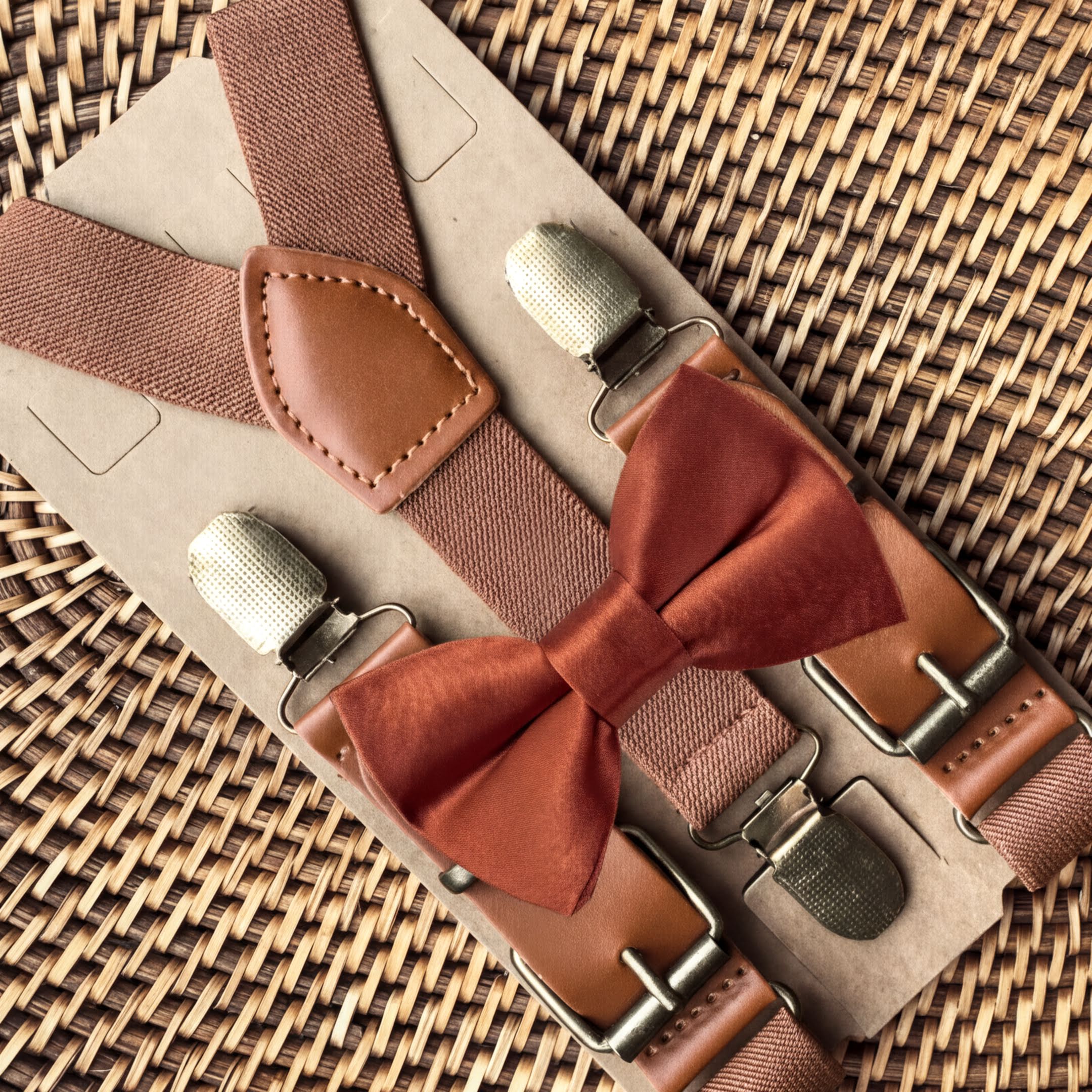 A set of terracotta bow tie and cognac brown faux leather suspenders displayed on a textured surface.