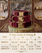 Velvet dog collars with gold buckle hardware arranged above a sizing chart. The chart details four sizes: Small has a width of 3/4 inch and an adjustable length of 7 3/4 to 11 3/4 inches. Medium has a width of 3/4 inch and an adjustable length of 11 to 18 3/4 inches. Large has a width of 1 inch and an adjustable length of 12 1/2 to 21 1/2 inches. Extra Large has a width of 1 inch and an adjustable length of 15 to 23 1/2 inches