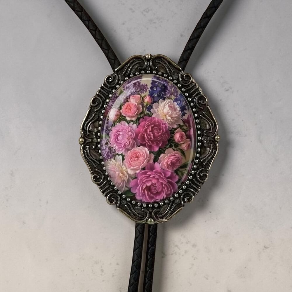 A floral bolo tie with leather cord with pink and purple flowers.