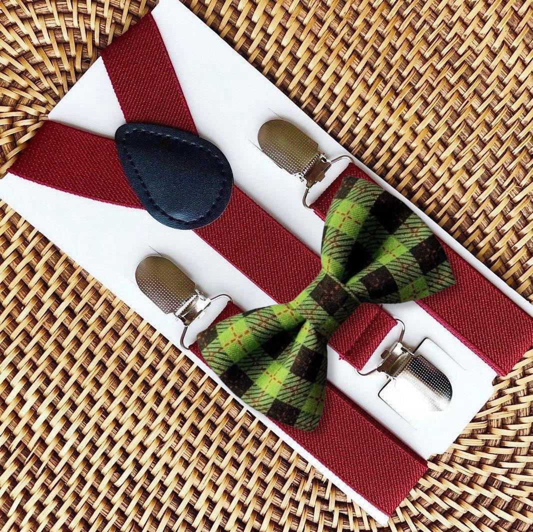 Green Plaid Bow Tie & Burgundy Suspenders Set for Christmas