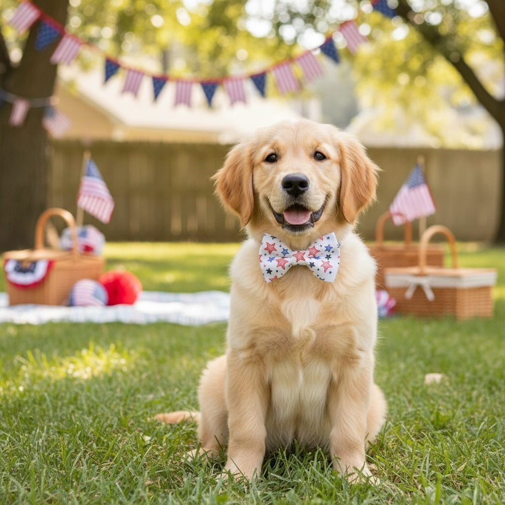 Golden retriever puppy wearing a Fourth of July dog bow tie sitting on grass with picnic baskets and flags in the background.