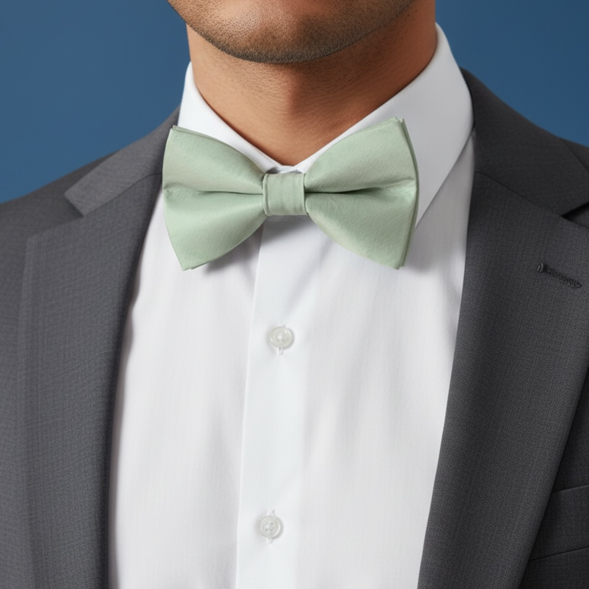 Satin Sage Green Bow Tie Worn by a groomsman in a wedding.
