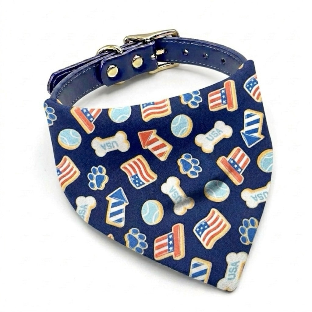 Fourth of July dog bandana in red white and blue on a blue dog collar, sold separately.