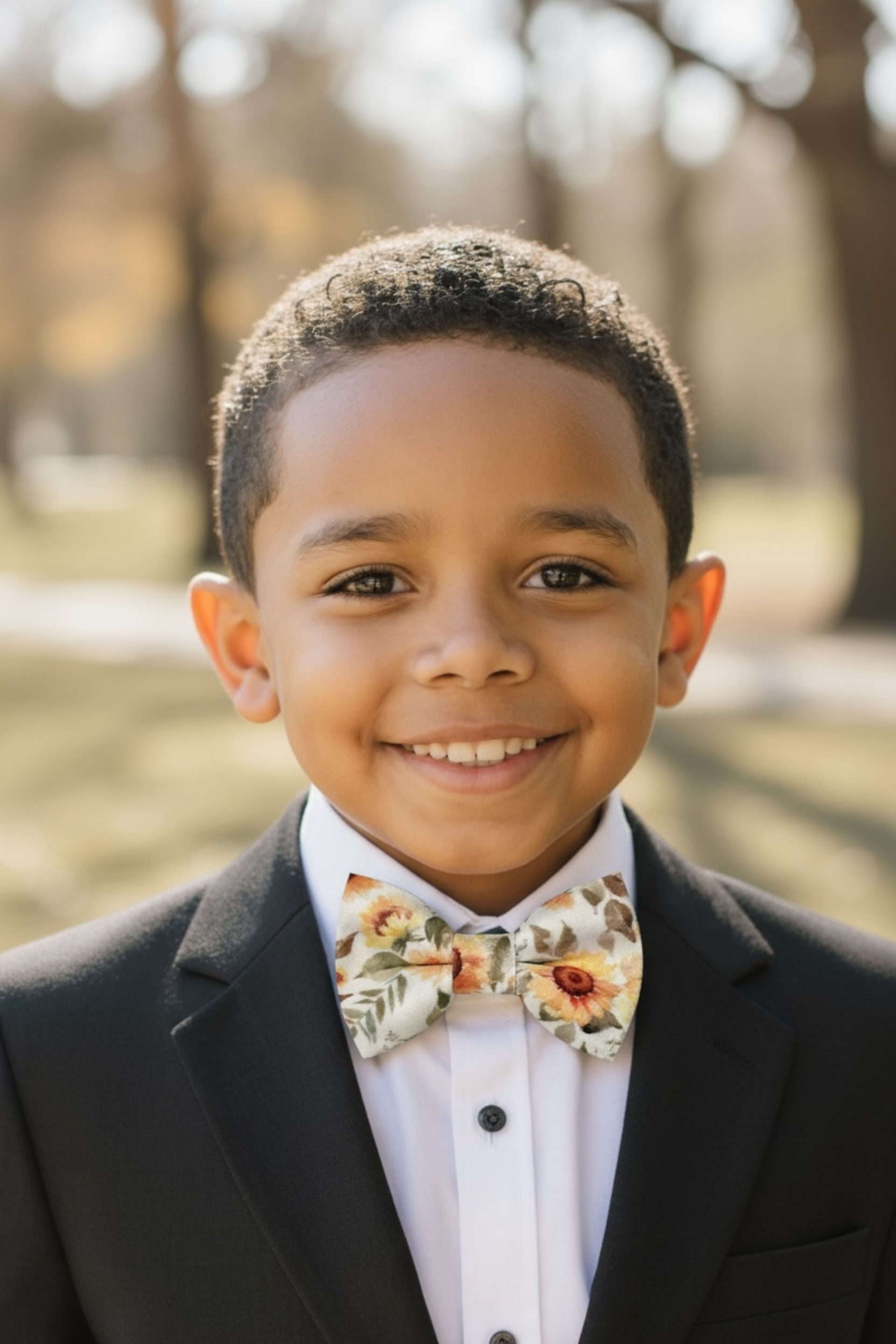 Ring bearer in a sunflower bow tie and black suit