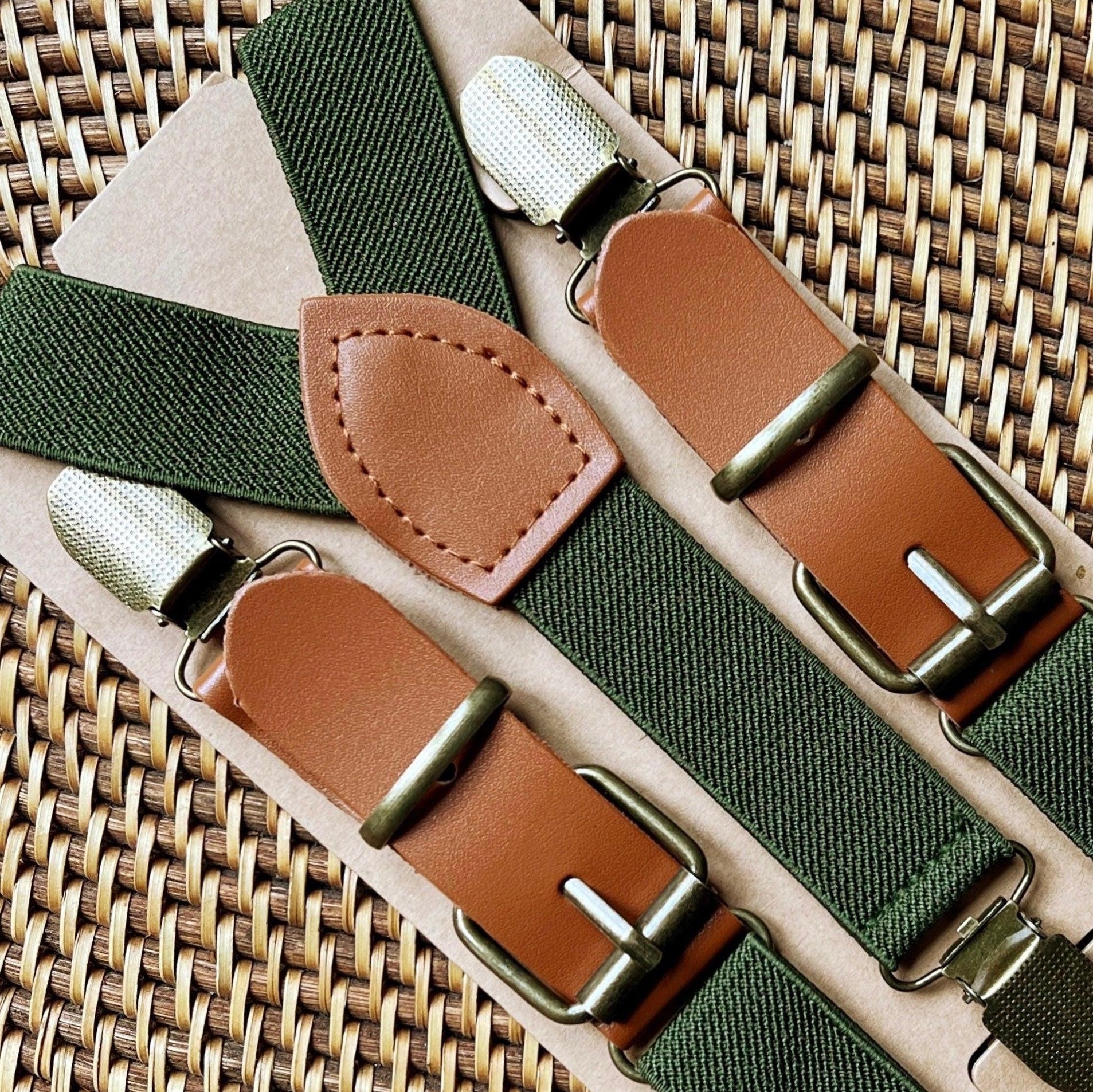 Olive green suspenders for wedding, ring bearer outfit or groomsmen in a wedding party.