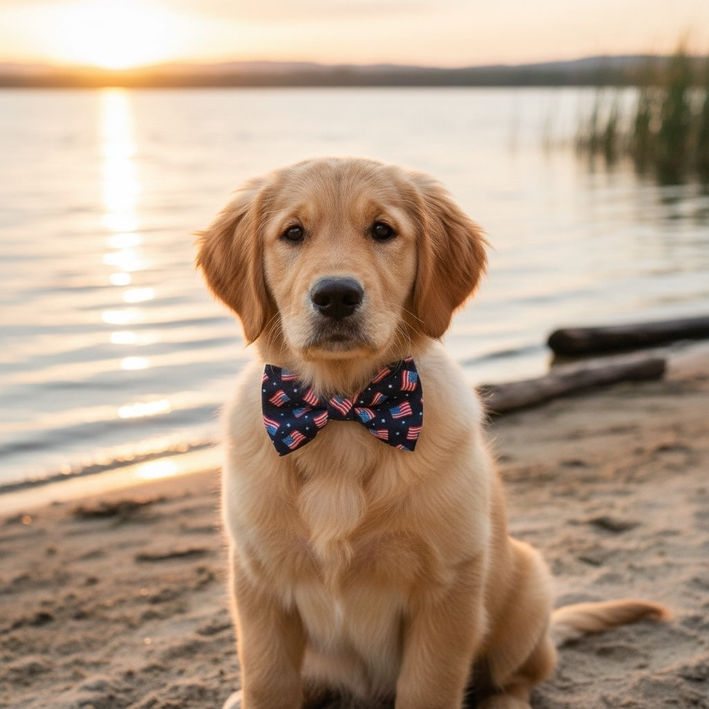 Dog wearing an American Flag dog bow tie sitting on a beach with sunset in the background