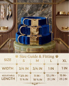 Velvet dog collars with gold buckle hardware arranged above a sizing chart. The chart details four sizes: Small has a width of 3/4 inch and an adjustable length of 7 3/4 to 11 3/4 inches. Medium has a width of 3/4 inch and an adjustable length of 11 to 18 3/4 inches. Large has a width of 1 inch and an adjustable length of 12 1/2 to 21 1/2 inches. Extra Large has a width of 1 inch and an adjustable length of 15 to 23 1/2 inches