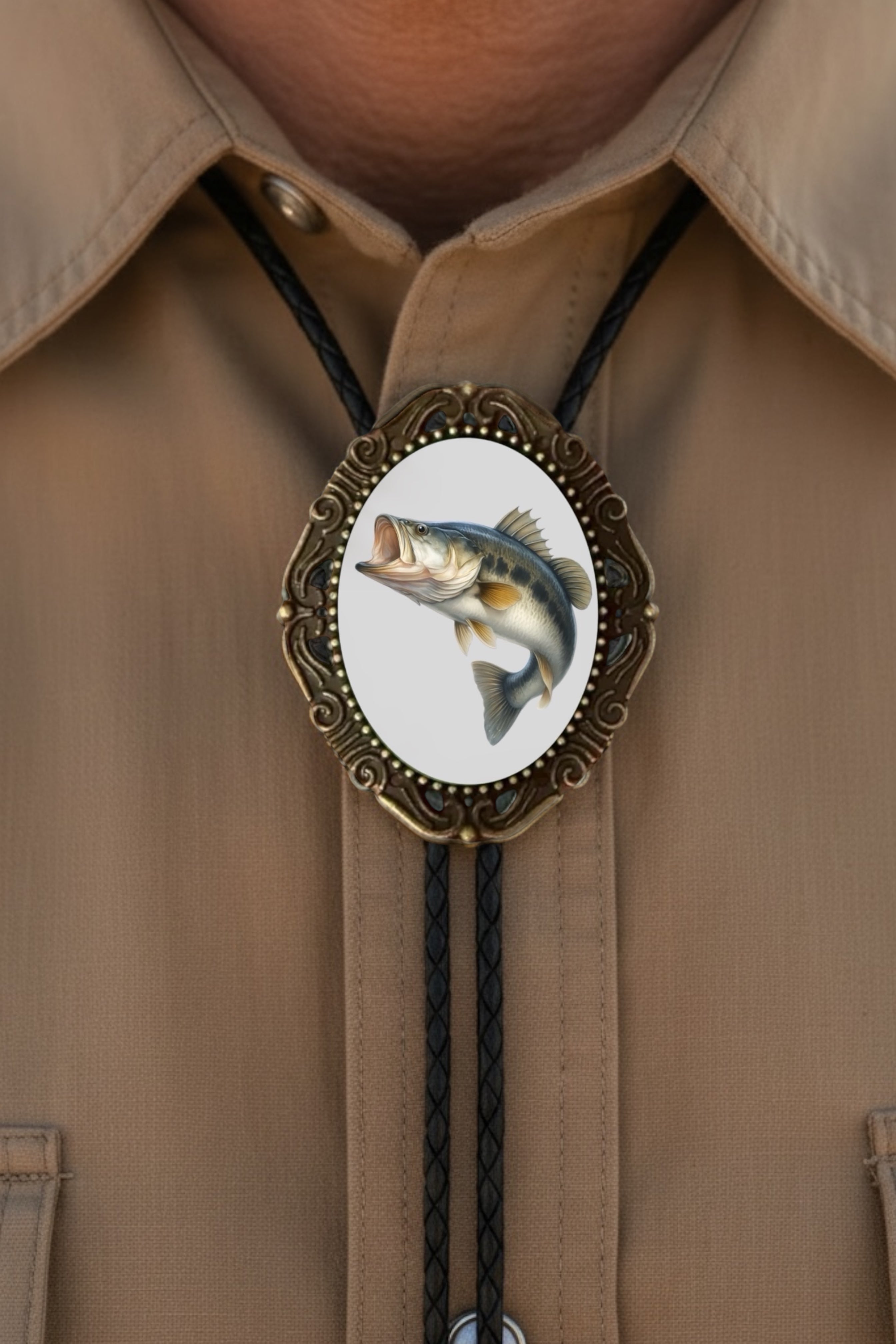 Handmade in the USA, a detailed fishing themed bolo tie featuring a jumping trout design.