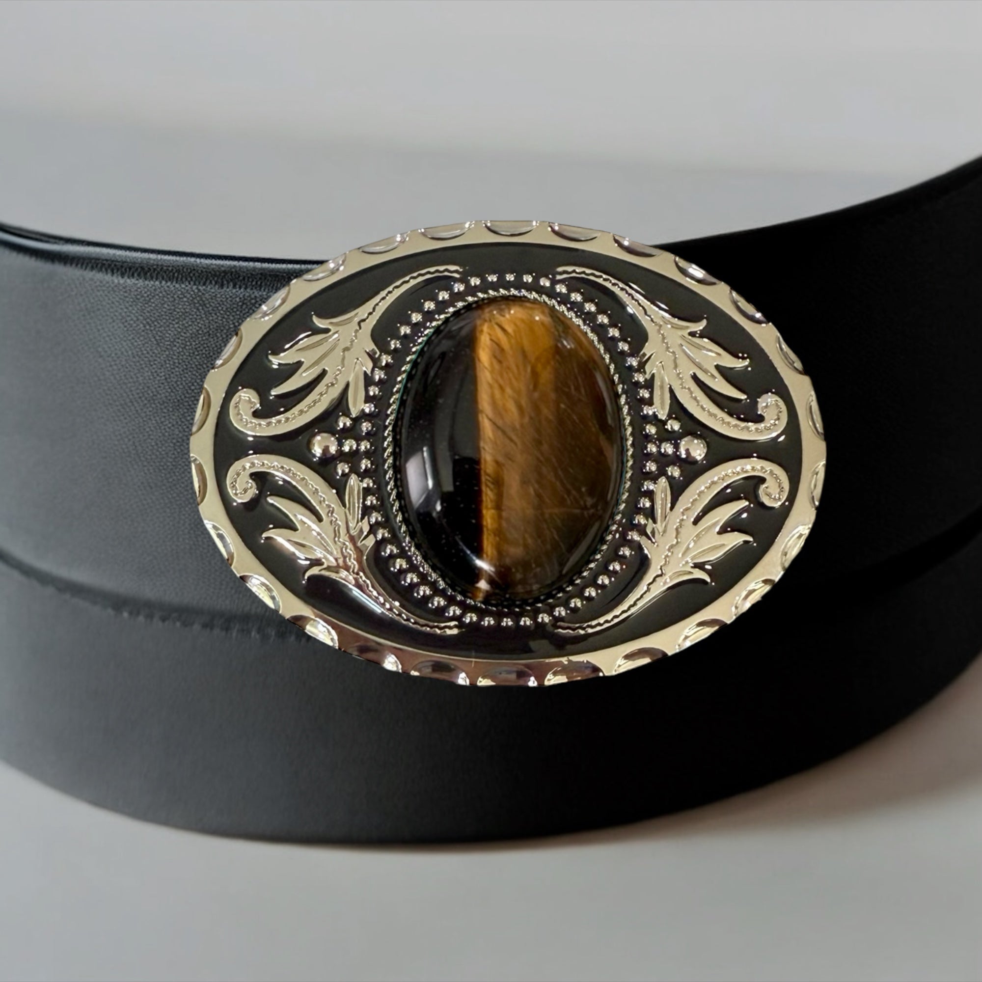 Tiger’s Eye Belt Buckle Western Accessory on a black leather belt