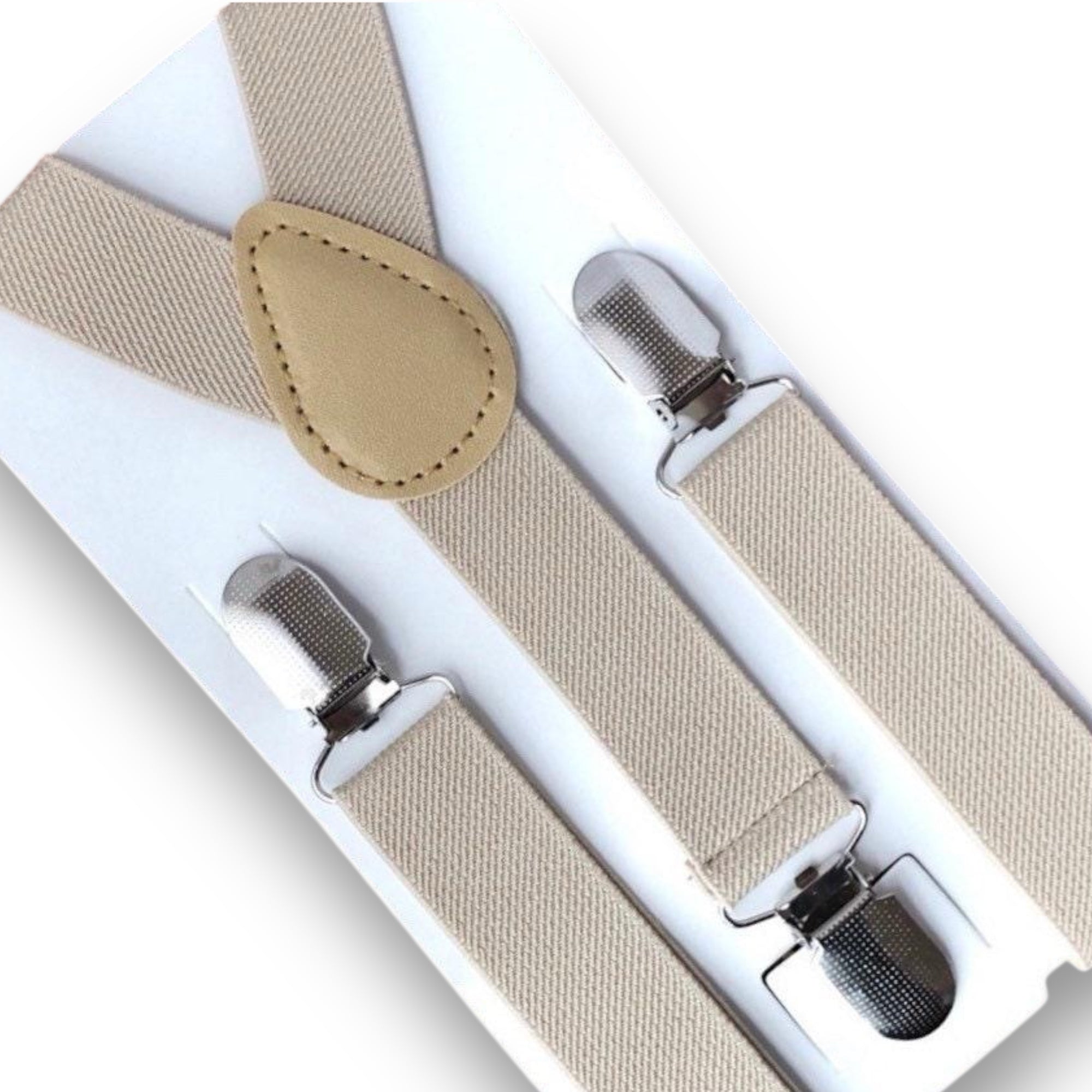 Tan suspenders with silver clips on a white background for groomsmen groom and ring bearers.