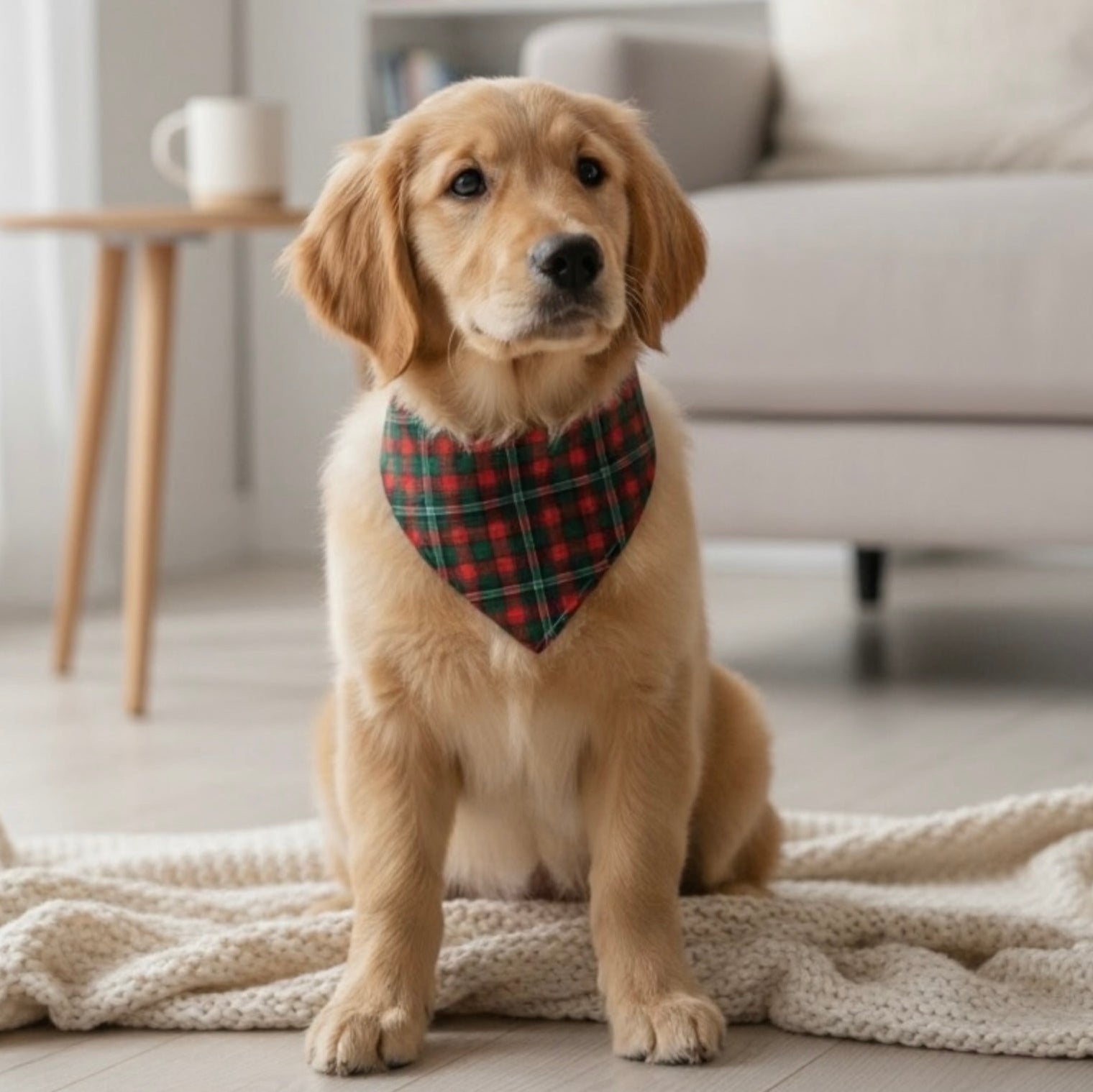 Red & Green Christmas Dog Bandana- Plaid Tartan Worn by a golden retriever in a living room.