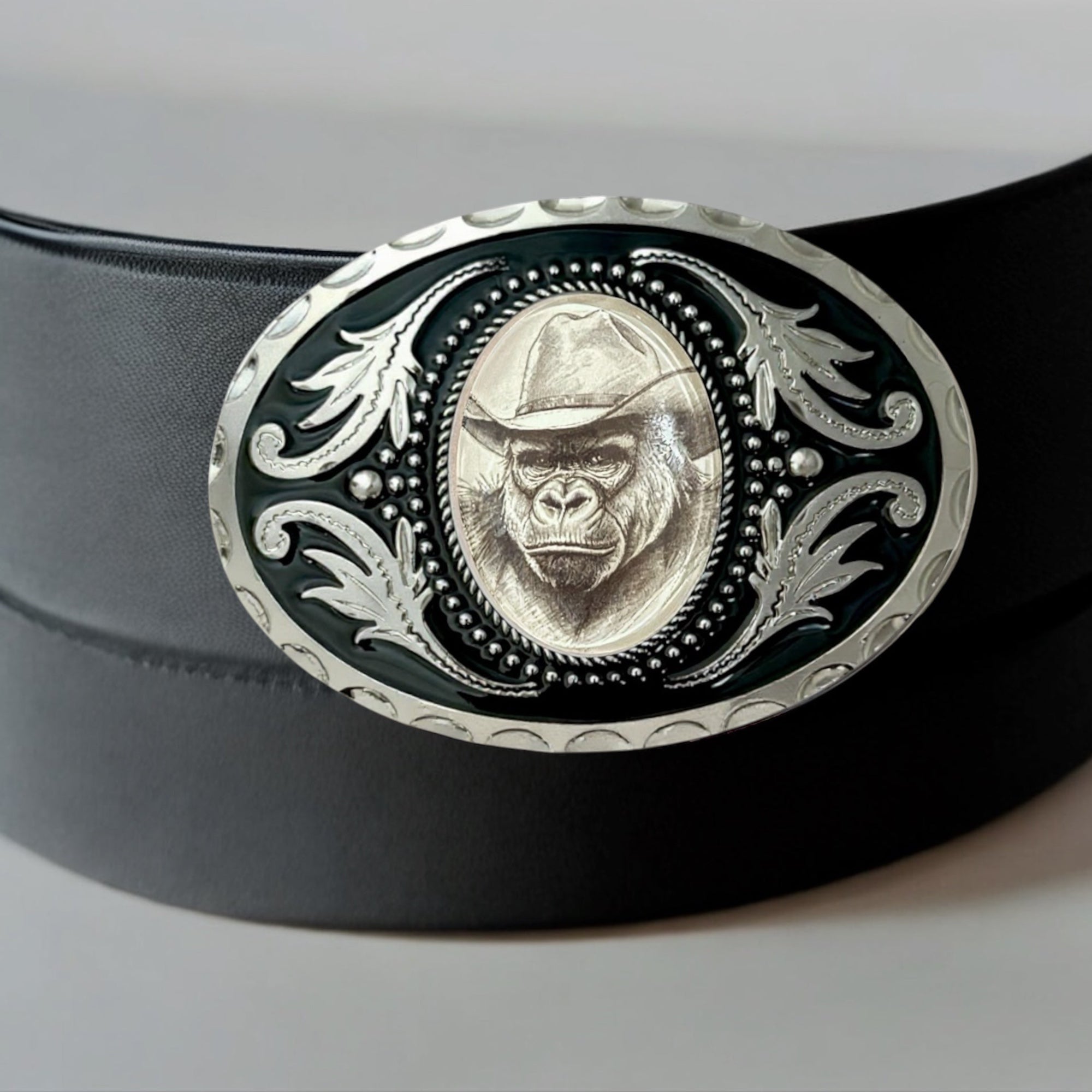 Gorilla Belt Buckle on a black leather belt