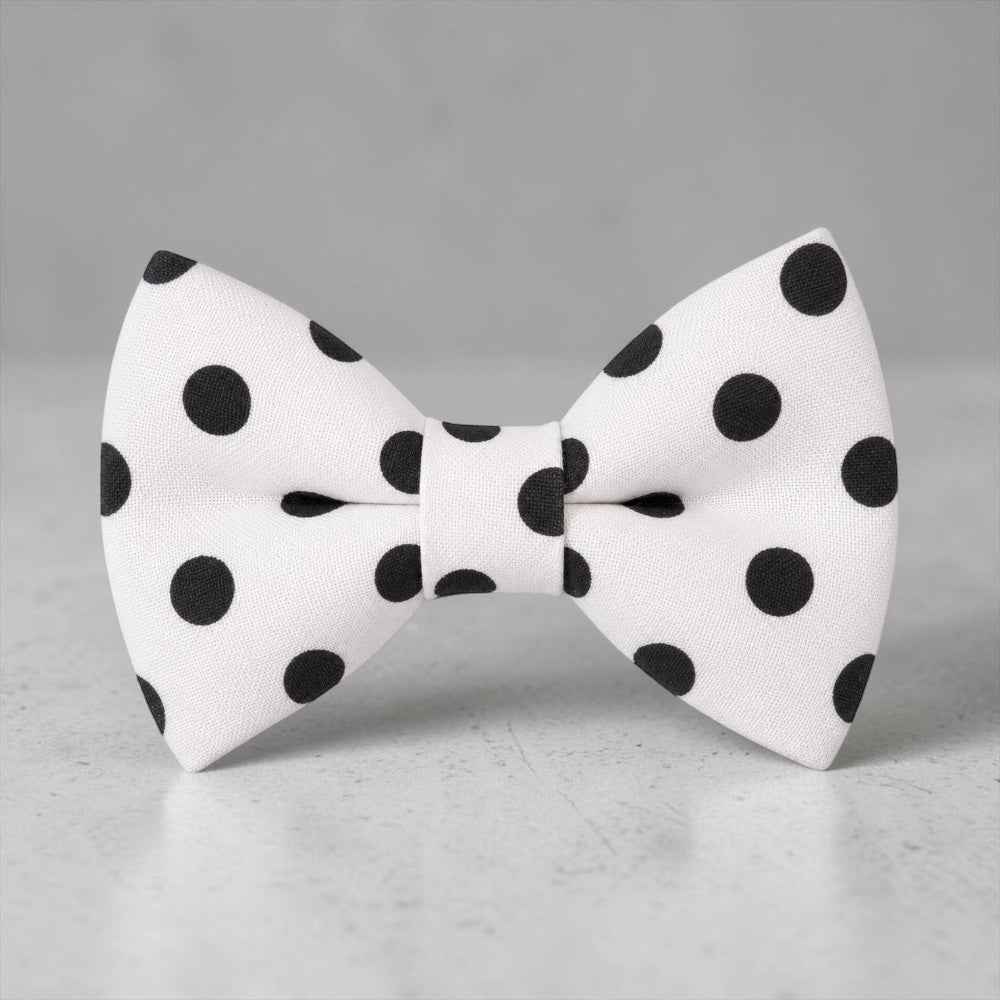 Black and white polkadot bow tie for men boys and toddlers.
