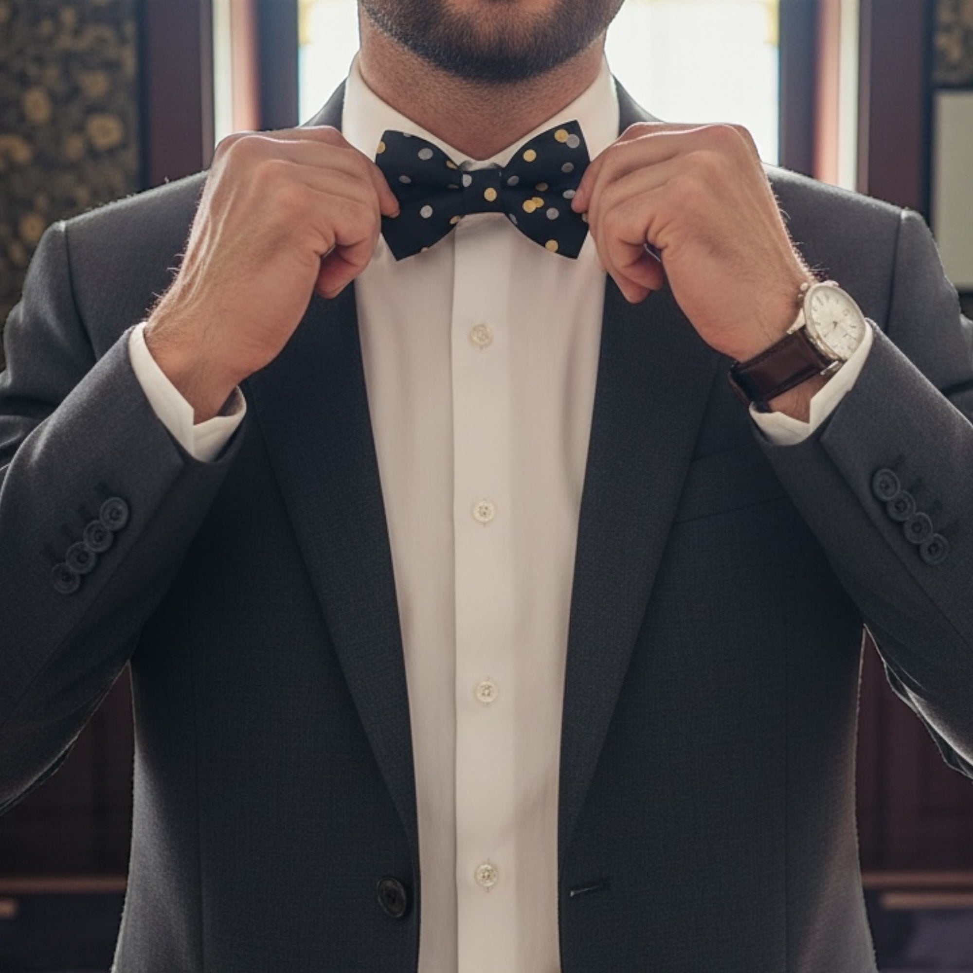 Man adjusting a black and gold bow tie wearing a suit with a blurred background