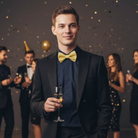 Man in a tuxedo with a gold bow tie holding a glass during a New Year’s Eve party.