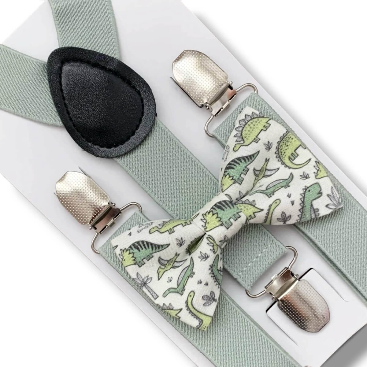 Dinosaur bow tie for boys and Sage green suspenders- bowtie and suspenders set.