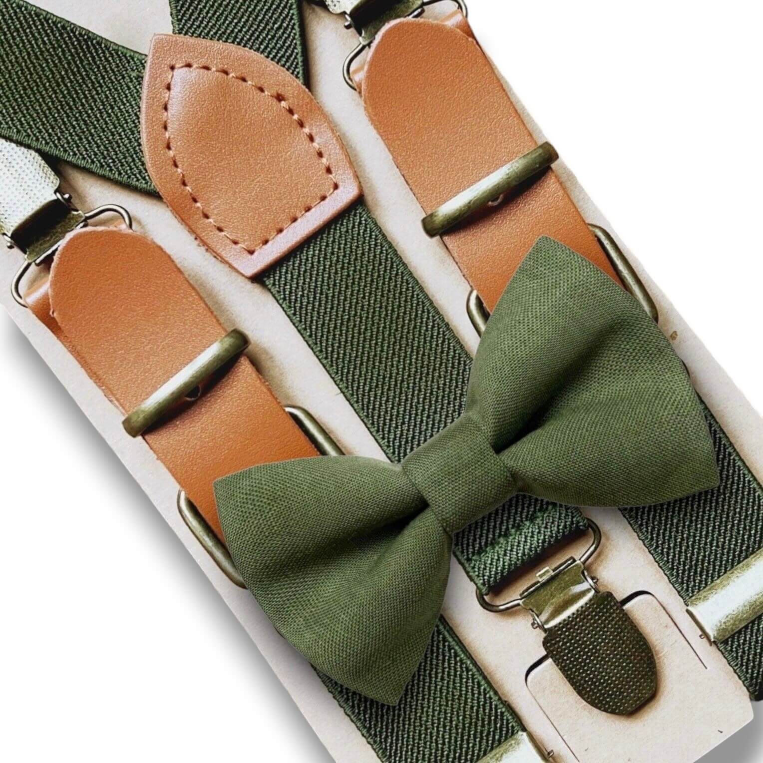 Olive bow tie and suspenders for men, groomsmen, wedding and toddlers.