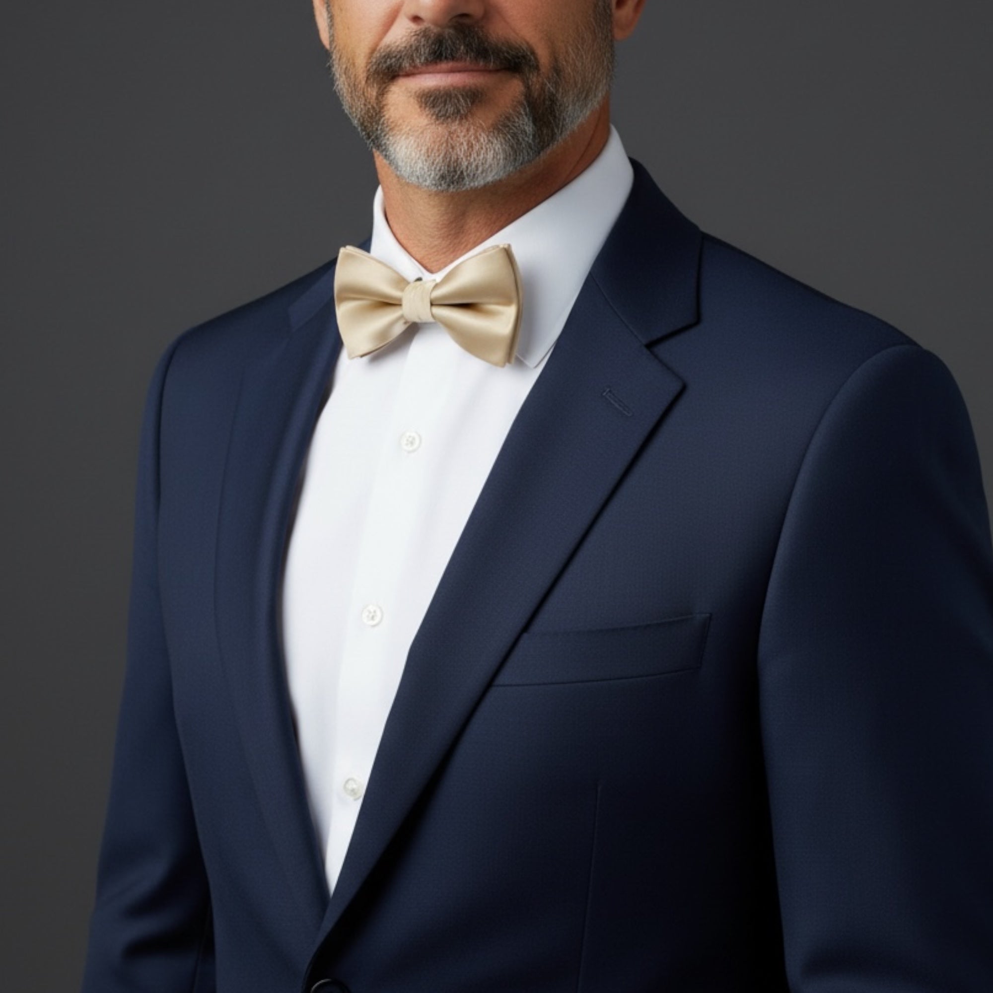 Groomsman wearing a navy suit with a white shirt and champagne bow tie getting ready for a wedding.