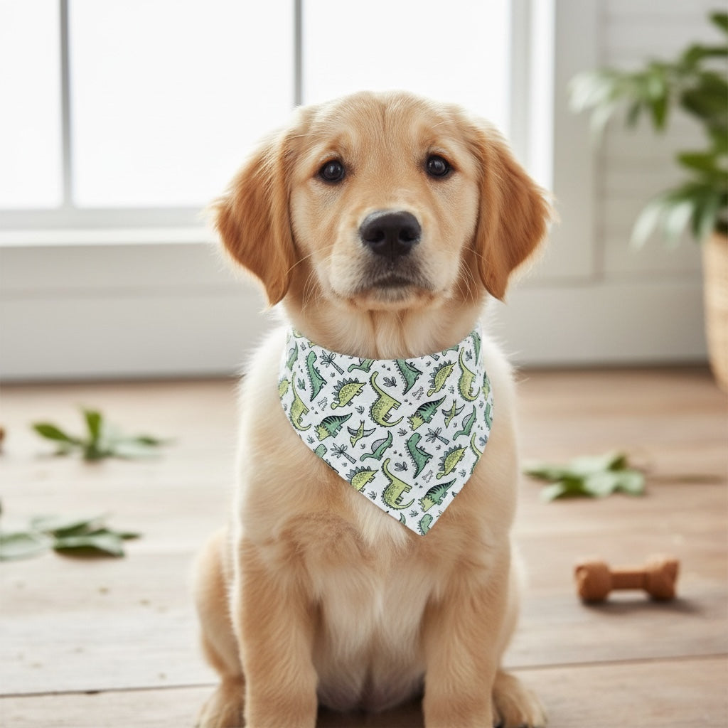 Dog wearing a green dinosaur dog bandana with a dinosaur pattern indoors.