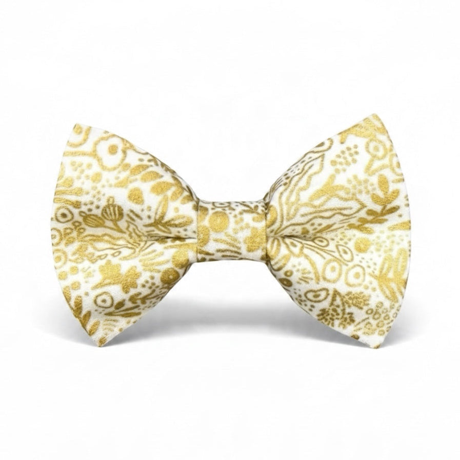 Gold bow tie for men in pre-tied golden floral for weddings, groomsmen and formal events.