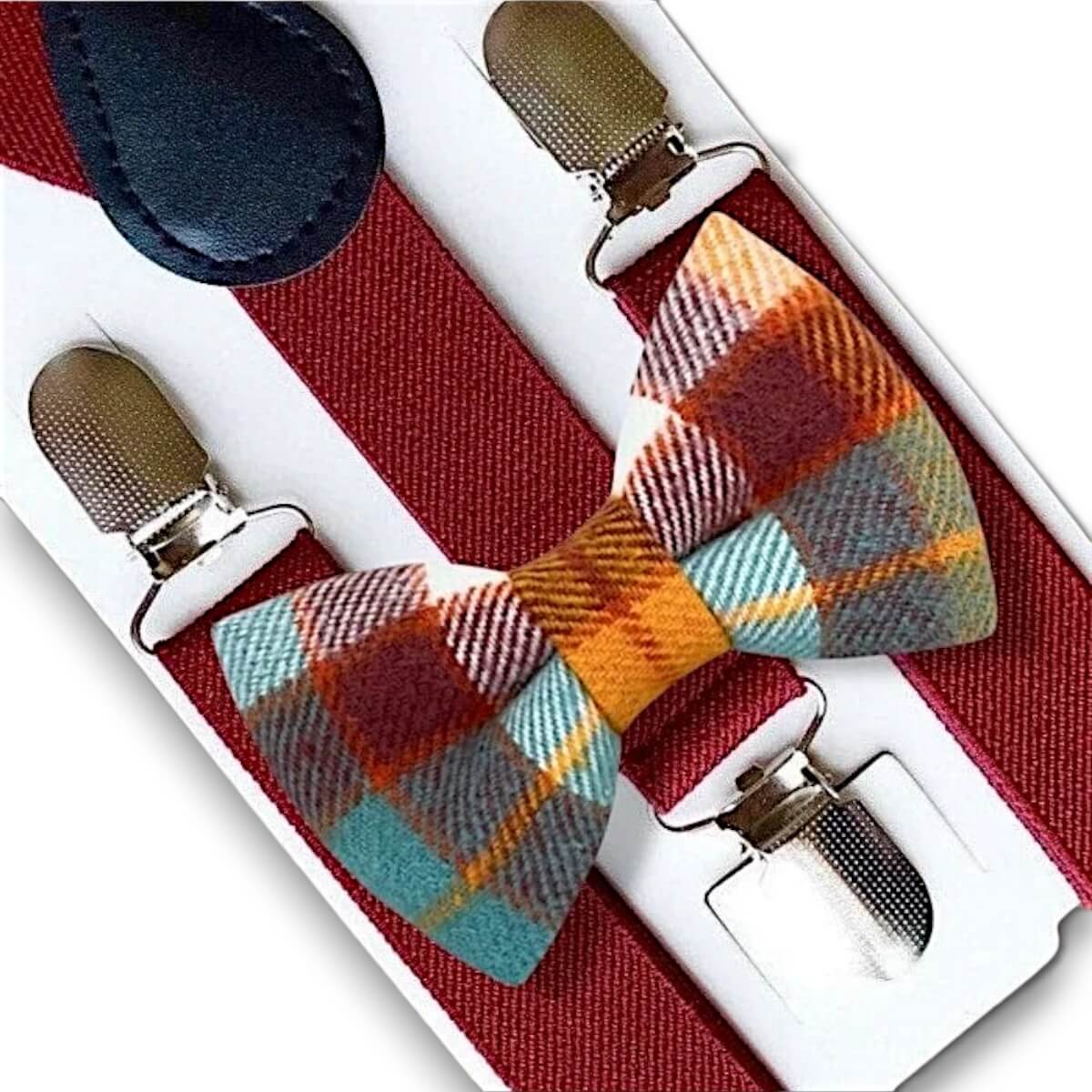 Fall Plaid Bow Tie & Burgundy Suspenders Set for men boys toddlers and babies.