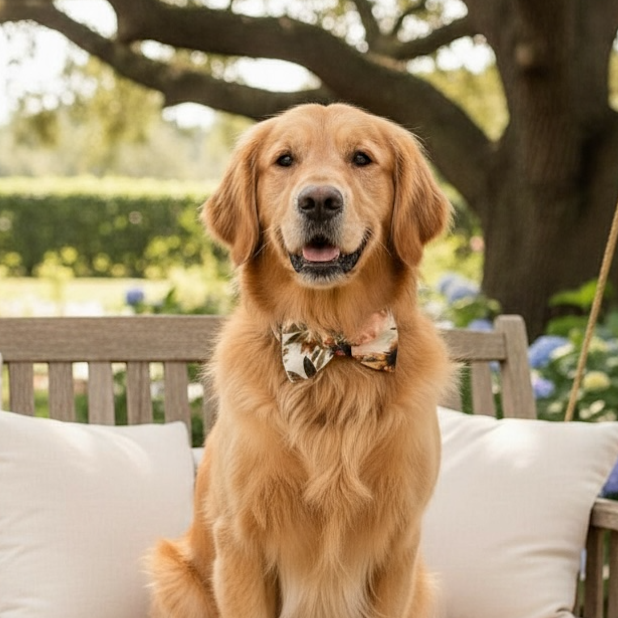 Golden retriever wearing a dog bow tie sitting on a patio chair outdoors.