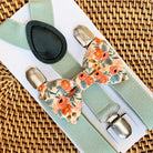 Peach Rifle Paper Co Garden Party fabric Bow Tie & Sage Suspenders Set for weddings groomsmen, and ring bearers.