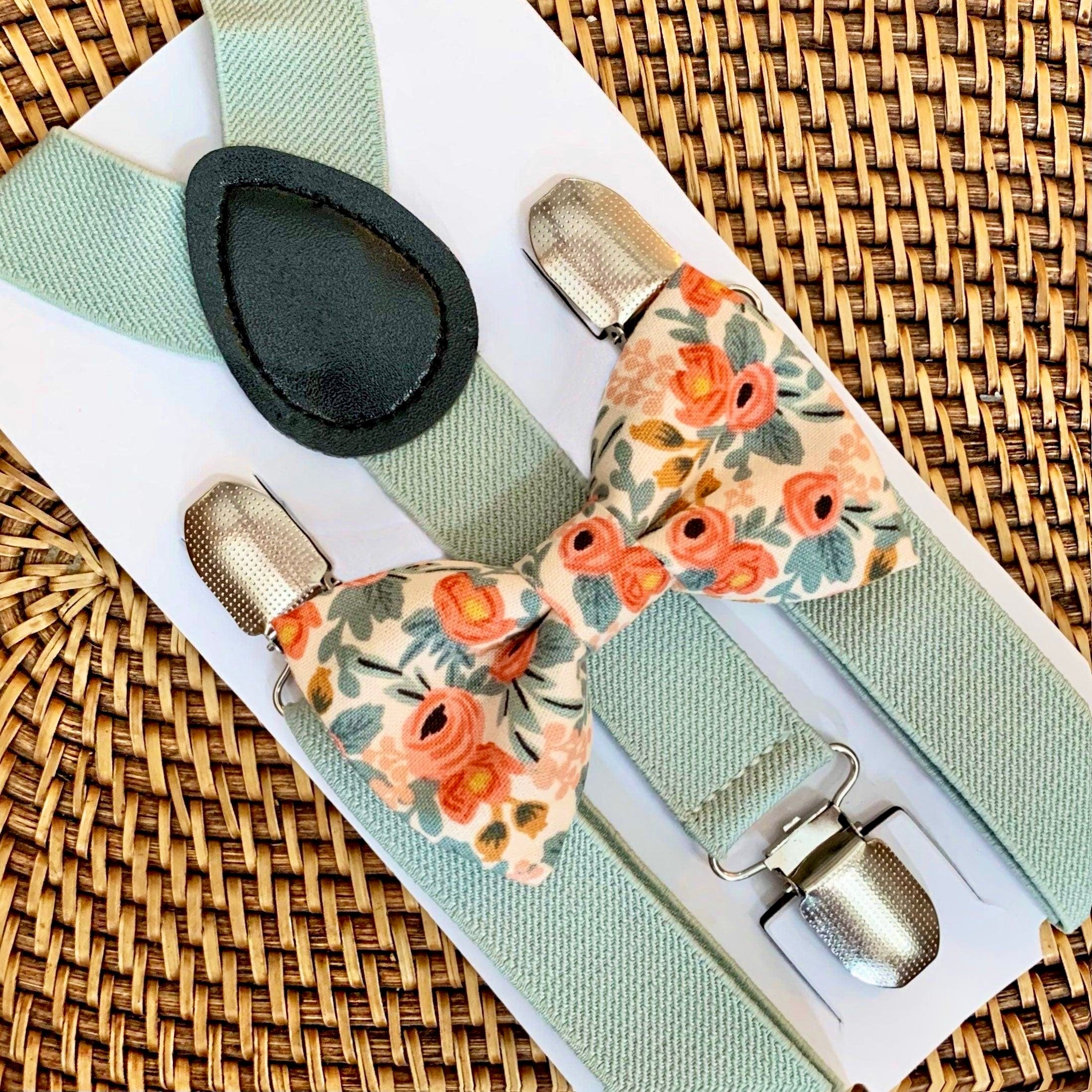 Peach Rifle Paper Co Garden Party fabric Bow Tie & Sage Suspenders Set for weddings groomsmen, and ring bearers.