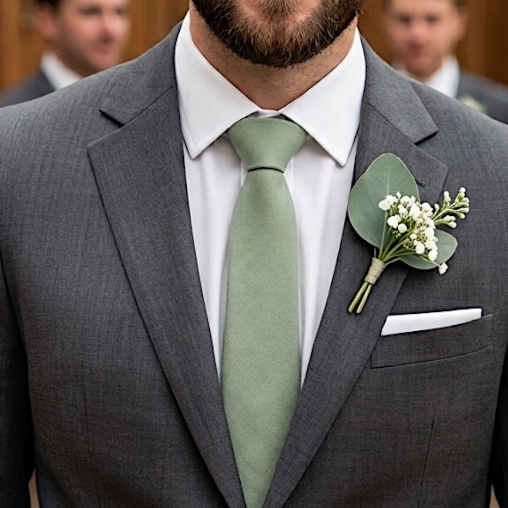 Sage Tie for Men worn by a groomsman at a wedding wearing a gray suit with a boutonniere, blurred background.